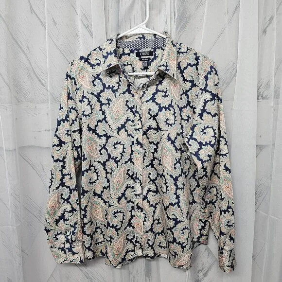 Chaps Navy Blue Pink Paisley Button-Down Long Sleeve Boho Blouse Size PXL - Picture 8 of 12